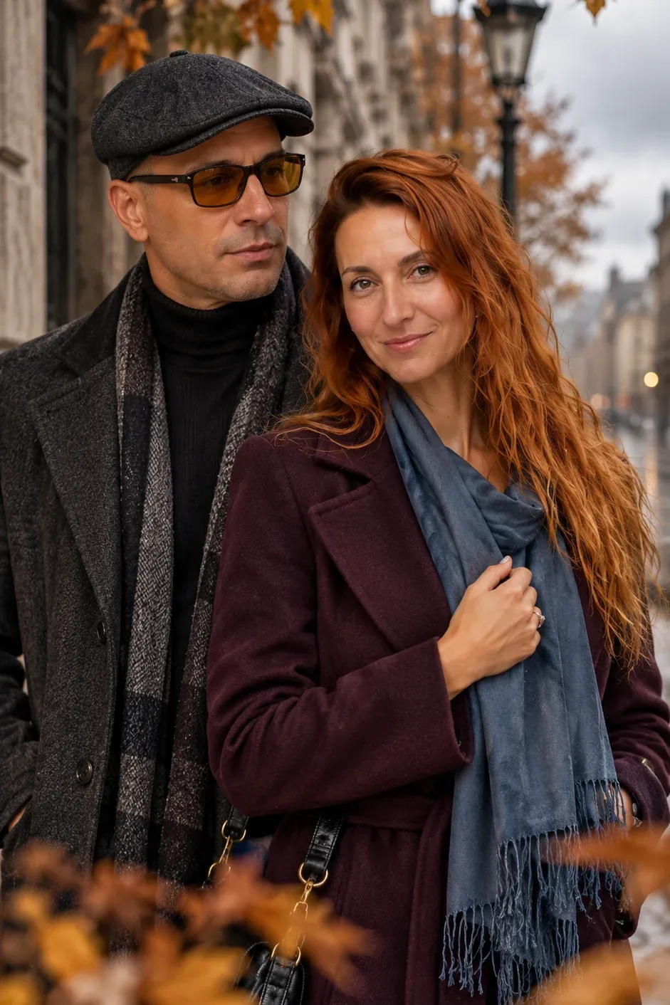 Wolf Alex & Mila Mi на осінній вулиці біля ліхтаря