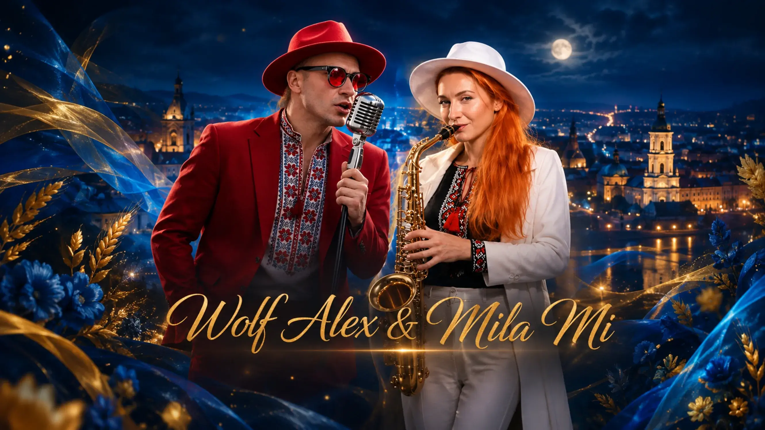 Wolf Alex & Mila Mi — нічне місто, неонові стрічки світла, він із мікрофоном, вона із саксофоном