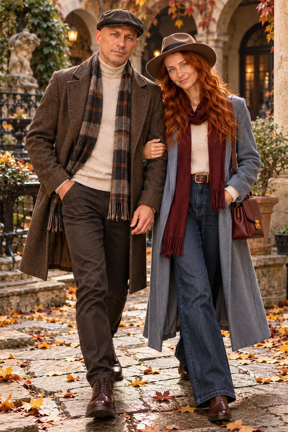 Wolf Alex & Mila Mi гуляють під руку старовинним двориком, вкритим осіннім листям